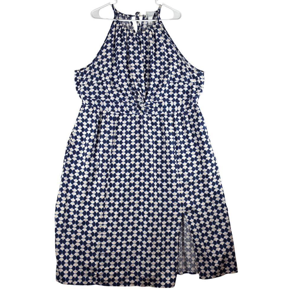 Ava & Viv Linen Blend Halter Midi Dress Women's 2X Twist Front Retro Tile Print